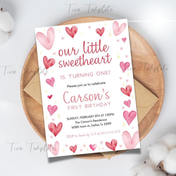 Editable Our Little Sweetheart Is Turning One invitation template, Girls 1st hearts birthday party invite, Pink hearts Party, Corjl template