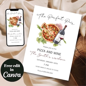 Printable and mobile pizza and wine night minimalist invitation template, elegant pizza dinner invite, Italian dinner, Girls night, family