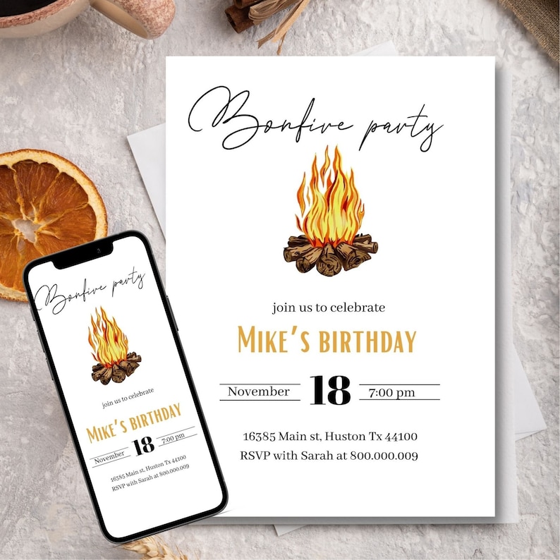 Mobile and Printable Bonfire Birthday Party Invitation Template, Any ...