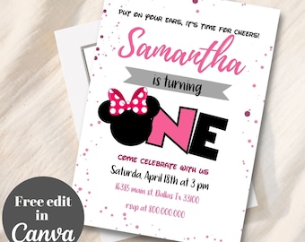 Editable and printable Minni 1st birthday party invitation, pink one Minni Mouse invite, First birthday girl, baby girl polka dot invitation