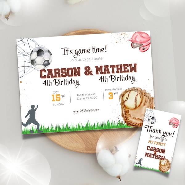 Editable and printable Sports double boys soccer baseball invitation template, It's game time Brothers birthday party, All Start Sports tags