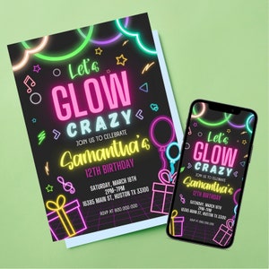 Printable and electronic Neon light Glow kid birthday party invitation, Glow in the Dark Birthday party template, neon light fun invitation