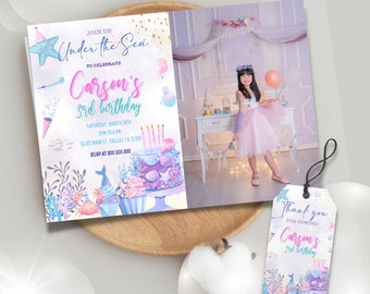 Editable and Printable Under the Sea girl photo birthday party invitation template, Under the sea Thank you Tag template, Ocean Girl themed
