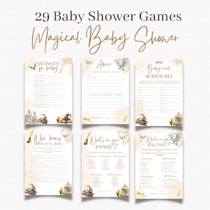 May include: A set of 29 printable baby shower games with a magical theme. The games feature a whimsical watercolor design with owls, a train, a cage, and a broom. The games include "Wishes for Baby", "Advice for the Mom to Be", "Baby Word Scramble", "Who Knows Mommy Best", "What's in Your Purse?", and "What's in Your Phone?"