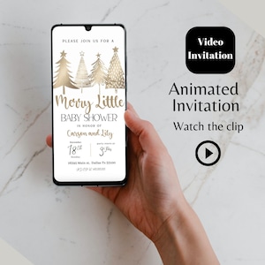Editable and Printable Christmas Baby shower animated Invitation Template, A Merry Little Baby shower Baby Shower, Gold Christmas Trees