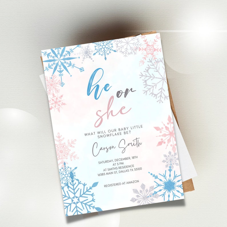 Editable and Printable Winter Gender Reveal Party Invitation, He or She ...