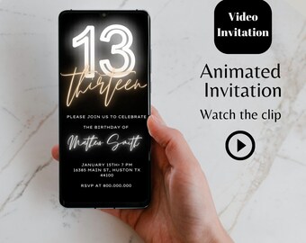 Editable 13th neon light video birthday invitation template, white neon thirteen animated invitation, party Mobile birthday invitation