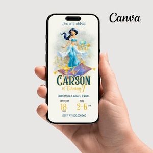 Jasmine princess Birthday mobile Invitation, Princess Jasmine Watercolor Birthday phone Invite, Jasmine mobile Invitation template