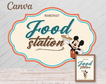 Mickey Food Station Bar sign template, Mickey Vintage Party Sign decor, Mainstreet party, Mickey Birthday, Mickey sign party template,