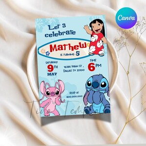 Modèle d'invitation de fête d'anniversaire Lilo et Stitch modifiable et imprimable, invitation de fête Lilo et Stitch, fête Stitch, fête Lilo et Stitch