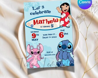 Plantilla de invitación para fiesta de cumpleaños de Lilo y Stitch editable e imprimible, invitación para fiesta de Lilo y Stitch, fiesta de Stitch, fiesta de Lilo y Stitch