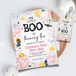 Editable and Printable Our Little Boo Birthday Invitation, Little Boo turning Two Halloween party, Ghost Birthday Cute Ghost thank you tag