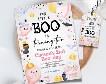 Editable e imprimible nuestra invitación de cumpleaños de Little Boo, Little Boo girando dos fiestas de Halloween, cumpleaños fantasma lindo fantasma gracias etiqueta