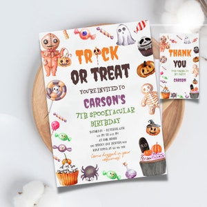 Editable and Printable Trick or Treat Halloween invitation template, Halloween birthday party invite, Halloween party, Thank you tag