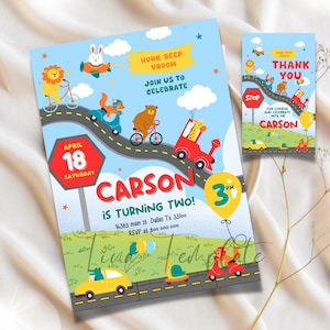 Animals Transportation Birthday Invitation template, Transportation Birthday Invite, Transportation Vehicle, Transportation thank you tag
