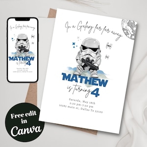 K&ouml;nnte beinhalten: Eine Star Wars-Geburtstagseinladung mit einer Cartoon-Illustration eines Stormtroopers. Die Einladung ist f&uuml;r Mathews 4. Geburtstag. Der Text lautet "In einer weit, weit entfernten Galaxie... Mathew wird 4. Samstag, 18. Mai, 14:30 - 19:30 Uhr, 16385 main st, Dallas Tx 33100."
