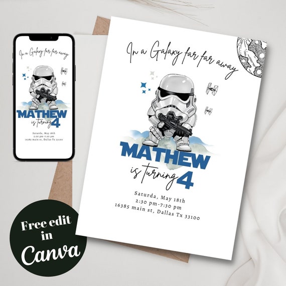 Printable and mobile Star war kid birthday invitation template, Trooper any age kid birthday party, Trooper kid birthday party invite