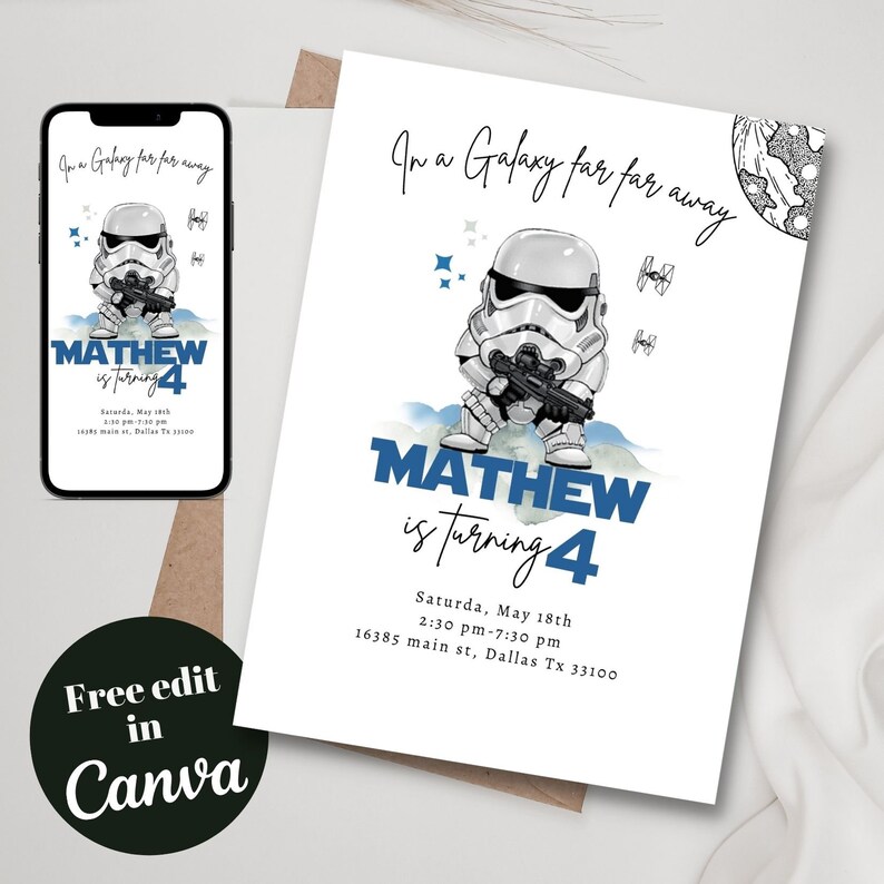 K&ouml;nnte beinhalten: Eine Star Wars-Geburtstagseinladung mit einer Cartoon-Illustration eines Stormtroopers. Die Einladung ist f&uuml;r Mathews 4. Geburtstag. Der Text lautet "In einer weit, weit entfernten Galaxie... Mathew wird 4. Samstag, 18. Mai, 14:30 - 19:30 Uhr, 16385 main st, Dallas Tx 33100."