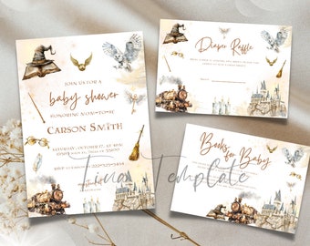Magical Wizard Bundle Baby shower editable Invitation template, Wizard Baby shower party invite, Neutral Baby shower Bundle template