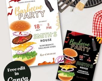 Editable and printable BBQ Burger party invitation template, Backyard burger invite, Burger Barbecue adult party, housewarming invite, BBQ