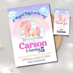 Editble and Printable Unicorn Birthday Invitation, Unicorn Birthday Invite, Unicorn Party Invitation, Unicorn Thank you tag template