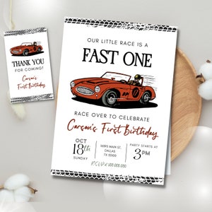 Editable Fast one 1st Birthday invitation template, Fast one boy Race Car 1st birthday party invite, Fast one Red Retro Race Car party