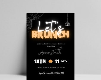 Può includere: Invito a un brunch di Halloween nero e arancione con un motivo di ragnatela e ragno. Il testo recita "Let's Brunch" con un motivo di zucca e la data "18th 11 am".