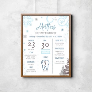 Editable and Printable winter First Birthday Milestone Sign Template, December blue 1st Birthday Milestone Poster, Baby Milestone board