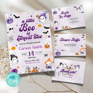 Editable A Little Boo Baby Shower Bundle Invitation, Bundle Halloween Baby Shower Invite set, Cute Purple Shower Ghost Spooktacular Corjl