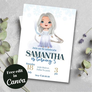 Editable and Printable Frozen princess kid birthday invitation template, ice princess girl Birthday Party, any age Kid celebration, Elsa