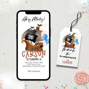 Plantilla de invitación móvil de cumpleaños pirata editable, fiesta de cumpleaños temática pirata evita, fiesta infantil pirata, etiqueta de agradecimiento pirata