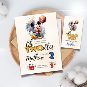 Editable and printable oh twodles Mickey watercolor birthday invitation, 2nd Mickey boy birthday party, Thank you tag template,