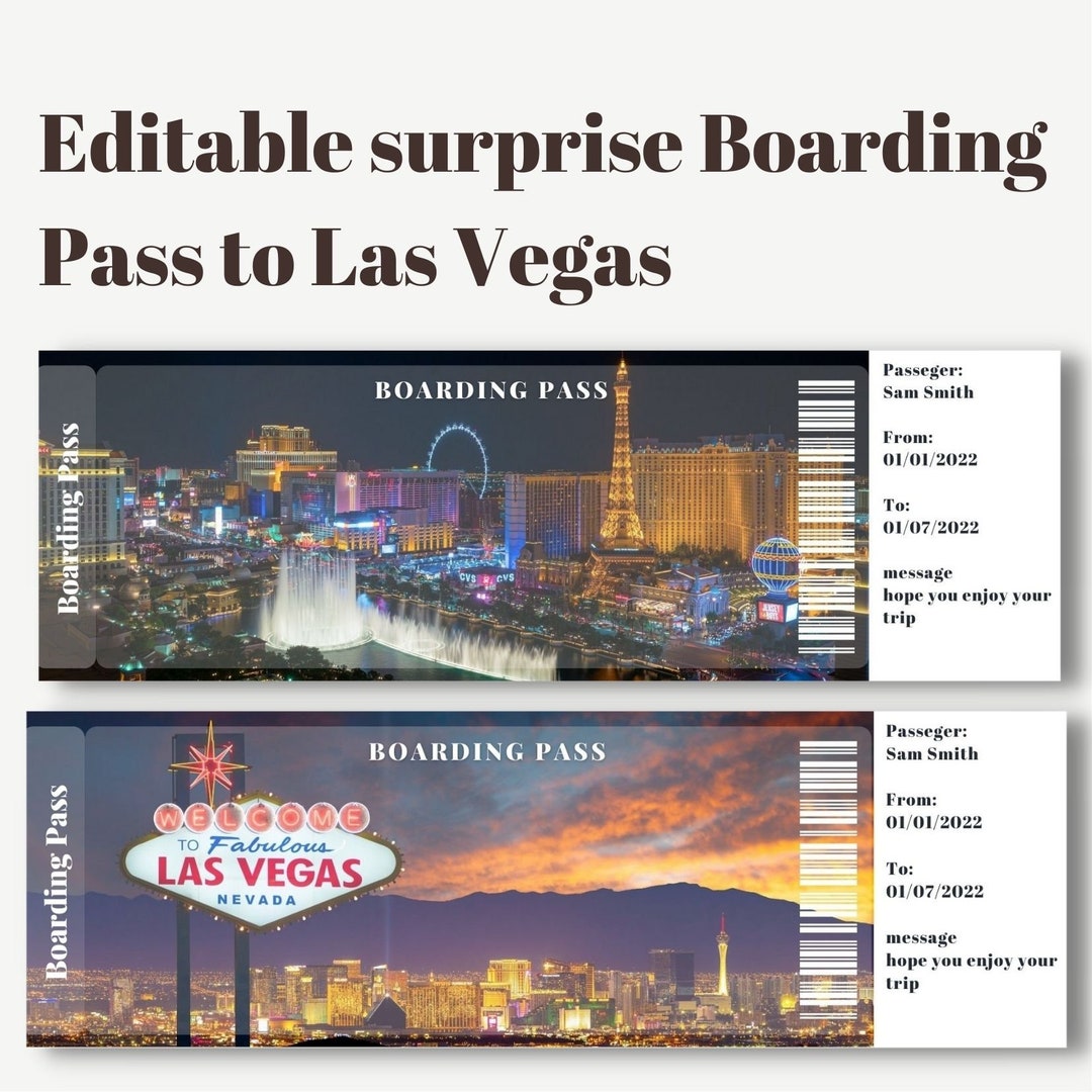 Printable and Editable Las Vegas Surprise Boarding Pass Ticket, Trip