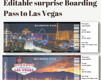 Bilhete de embarque surpresa de Las Vegas para impressão e editável, bilhete de viagem para Las Vegas, bilhete de férias, modelo editável, cartão de embarque