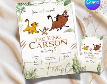 Editable and Printable Watercolor Lion King Birthday Invitation, Simba Invitation, King Lion Invitation template, thank you tag