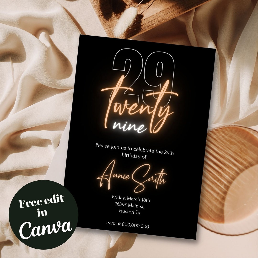 Editable and Printable Twenty Nine Birthday Party Invitation Template, Minimalist 29th Women