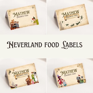 Modèle imprimable de fête d'étiquette de nourriture de Peter Pan, décoration de fête d'anniversaire de Peter Pan Neverland, fête de ne jamais grandir, cartes de lieu d'anniversaire de Peter
