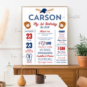 Bearbeitbares Baseball-Meilensteinplakat, Baseball-erstes Stats-Brett, Baseball 1st Birthday Chalkboard Zeichen