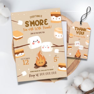 Electronic and printable S&#39;more Birthday invitation template , Smore Invitation Camping birthday template, S&#39;mores Bonfire Thank you tag