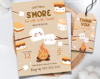 Electronic and printable S'more Birthday invitation template , Smore Invitation Camping birthday template, S'mores Bonfire Thank you tag