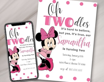 Oh twodles Plantilla de invitación de cumpleaños de Minnie, editable Invitación de segundo cumpleaños de niña, imprimible y móvil Invitación de segundo cumpleaños de niña