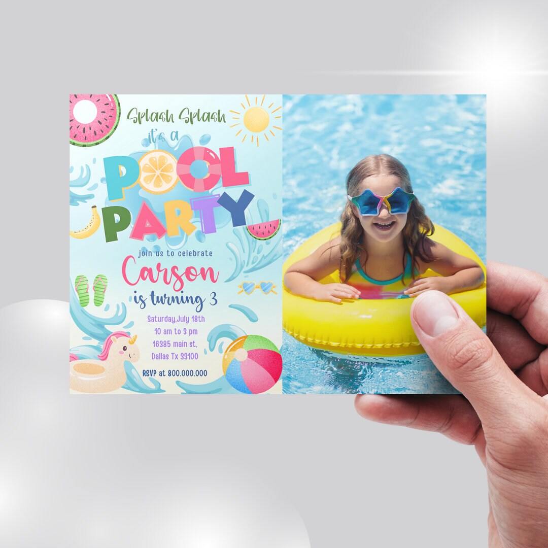 Photo Party Invitations Editable and Printable Pool Party Photo Invitation Template, Pool ...