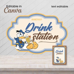 Donald Drink Station Bar sign template, Donald Vintage Party Sign decor, Mainstreet party, Donald Birthday, Disney sign party template,