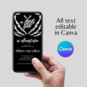 May include: A black and white digital invitation with a skeleton hand design. The text reads "a little boo is almost due. Join us for a Baby Shower Honoring Carson and Annie. Saturday, October at 5pm. The Restaurant 16385 Main st. Dallas Tx. RSVP to Ashton by 5 at 5. ANNIE IS REGISTERED AT"