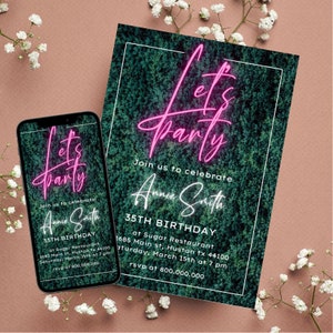 Printable and Electronic Grass Wall pink Neon light Let’s party invitation template, modern pink Neon light sign birthday party invite