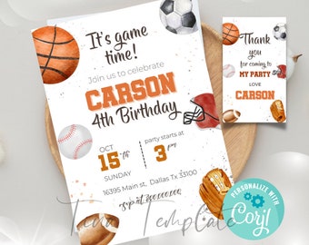Editable and printable Sport Birthday party invitation template, It's game time kid birthday party invite, All Start Sports party, Corjl