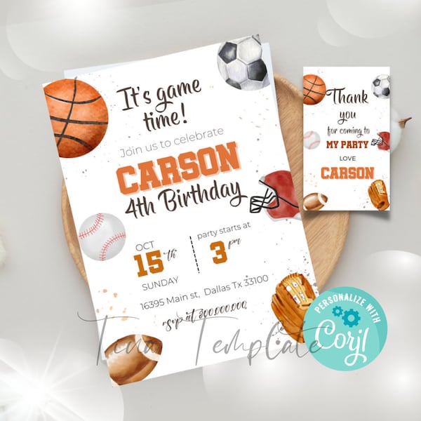 Editable and printable Sport Birthday party invitation template, It's game time kid birthday party invite, All Start Sports party, Corjl