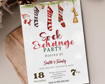 Sock Exchange Christmas Party Digital Invitation Template, Sock Exchange Christmas, christmas Gift Exchange, Holiday Party Editable Template