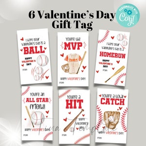 Plantilla editable de tarjetas de San Valentín de béisbol, etiqueta de tarjetas de San Valentín para niños de deportes de béisbol, etiquetas de regalo del día de San Valentín escolar, etiqueta de San Valentín imprimible