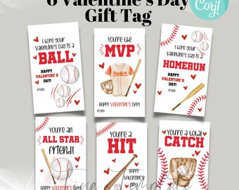 May include: Six printable Valentine's Day gift tags featuring baseball-themed illustrations and puns. The tags are white with red hearts, baseball stitching, and bats. The text on the tags includes "I hope your Valentine's Day is a BALL", "You're the MVP", "I hope your Valentine's Day is a HOMERUN", "You're an ALL STAR friend!", "You're a HIT", and "You're a total CATCH".